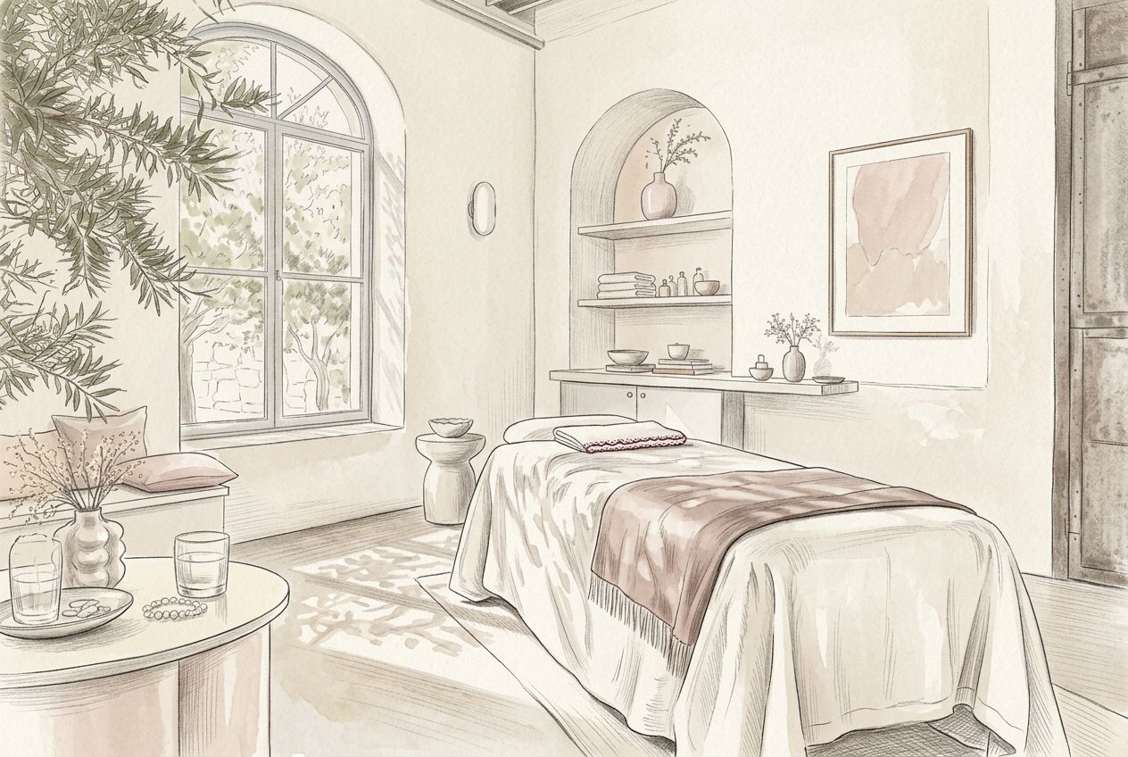 Illustration of the sunlit Skin Sisters Beauty Room at De Melkfabriek, a treatment bed ready for the next ritual