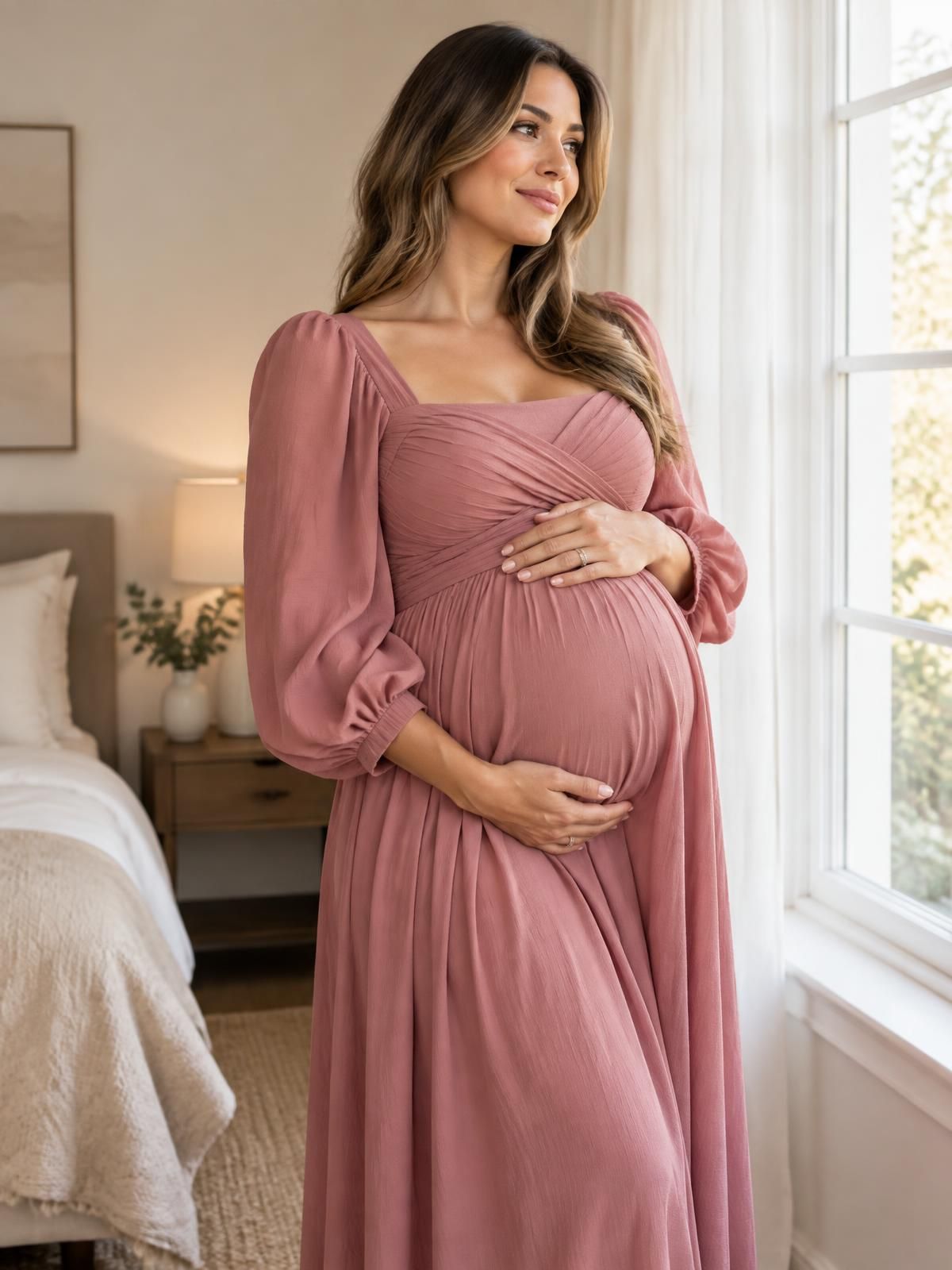An expectant mother in a warm, calm interior