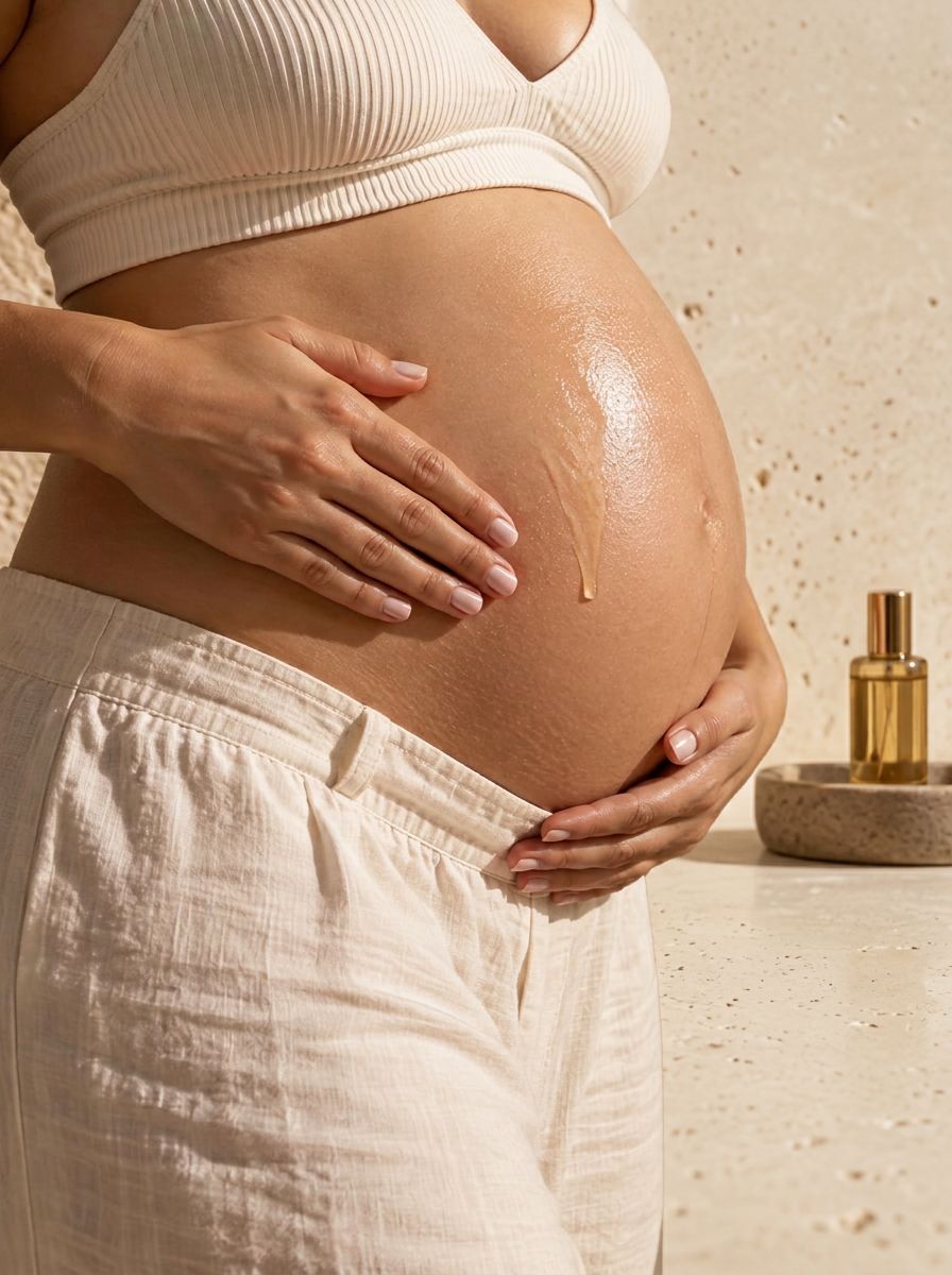 Golden body oil being smoothed over a pregnant belly